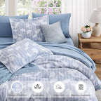 Queen Comforter Set -7 Pieces Blue Floral Comforter Set for All Seasons, Bed in a Bag Queen with Botanical Flowers Comforter, Sheets, Pillowcases & Shams