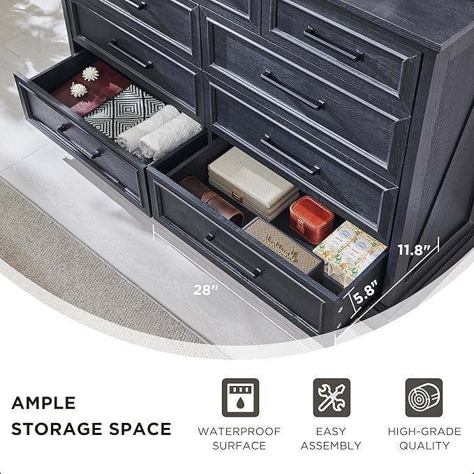 ACCOHOHO Farmhouse 6 Drawer Dresser for Bedroom, 52 Inch Wide Modern Dresser TV Stand with Large Drawers & Bar Handles, Rustic Wood Chest of Drawers for Bedroom, Living Room, Hallway, Black