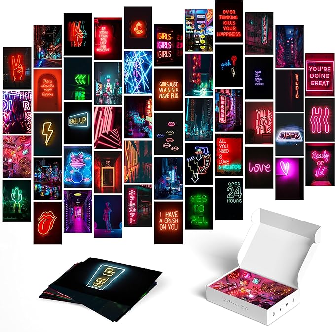 Y2K BOO Blue Neon Wall Collage Kit - 50 Vibrant Photos for Dreamy Spaces, Perfect Room Decor, Trendy Aesthetic Photos 4x6, Magical Wall Art