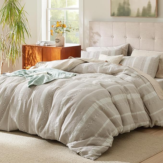 Bedsure Waffle Weave Duvet Cover Queen - 100% Cotton Boho Duvet Cover with 2 Pillowcases - Linen Color Textured Comforter Cover with Zipper Closure (Queen, 90"x90")