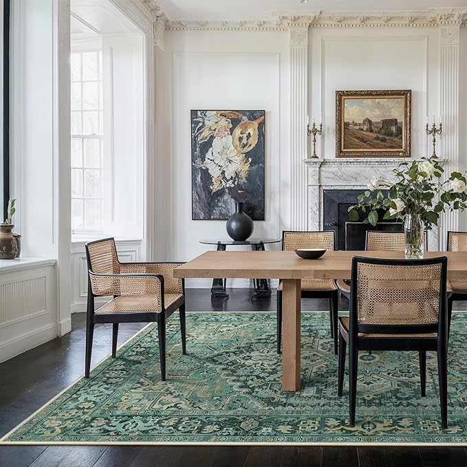 GENIMO Machine Washable 8x10 Area Rugs for Living Room, Non Slip Vintage Rugs, Low Pile Lightweight Chenille Print Rug for Bedroom, Dining Room, Home Office, Turquoise