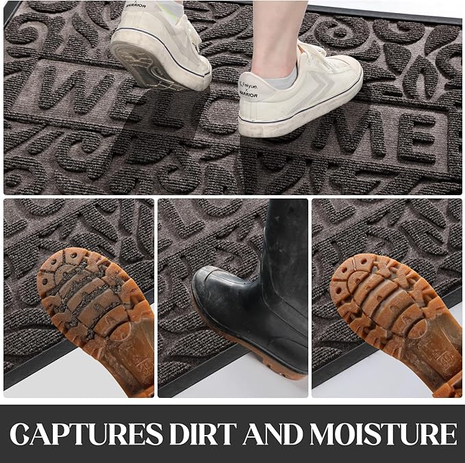 Yimobra Welcome Front Door Mat Outdoor, Heavy Duty Sturdy Non Slip Doormats, Rubber Backing, Low-Profile Entrance Rugs, Absorbent Resist Dirt, Easy Clean Patio Garage Floor Mats, 60X36 Inch, Brown