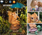 Malister Solar Garden Statue Outdoor Decor - Squirrel Siting on Turtle Statue with String Lights Umbrella for Patio, Garden Decor Garden Art Outdoor Lawn Decor Yard Art, Housewarming Garden Gifts