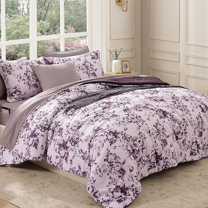 Queen Comforter Set -7 Pieces Deep Purple Floral Comforter Set for All Seasons, Bed in a Bag Queen with Botanical Flowers Comforter, Sheets, Pillowcases & Shams