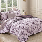Queen Comforter Set -7 Pieces Deep Purple Floral Comforter Set for All Seasons, Bed in a Bag Queen with Botanical Flowers Comforter, Sheets, Pillowcases & Shams