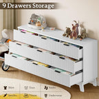 63" Long Dresser for Bedroom, 9-Drawer Fluted Dresser, Extra-Wide Wood Chest of Drawers with Smooth Metal Slides, Stable Base, Modern Clothes Storage Cabinet for Living Room, Hallway, Nursery