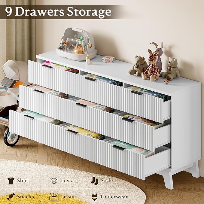 63" Long Dresser for Bedroom, 9-Drawer Fluted Dresser, Extra-Wide Wood Chest of Drawers with Smooth Metal Slides, Stable Base, Modern Clothes Storage Cabinet for Living Room, Hallway, Nursery