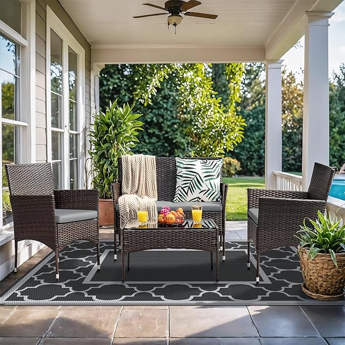 GENIMO Outdoor Rug 9' x 12' Waterproof for Patio Decor, Reversible Plastic Straw Area Rugs Mat for Camper, Outside Carpet for Camping, Rv, Deck, Porch, Picnic, Beach, Balcony, Black & Grey