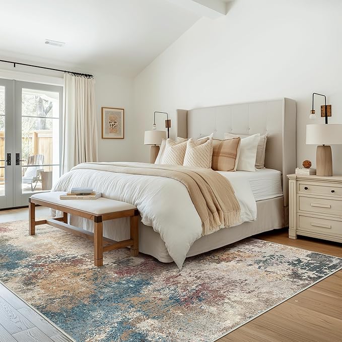 Area Rugs 8x10 Machine Washable Area Rugs for Living Room Bedroom Dining Room, Large Modern Abstract Colorful Soft Rugs, Indoor Low Pile Carpet with Non Slip Rubber Backing, Multi Beige