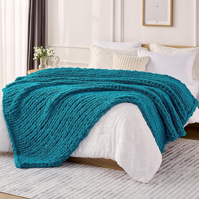 L'AGRATY Chunky Knit Blanket Throw: 50''x60'' Chenille Chunky Knitted Throw Blanket for Bed Couch - Handmade Thick Big Cable Knit Blanket - Large Crochet Rope Blanket for Home Decor(Teal)