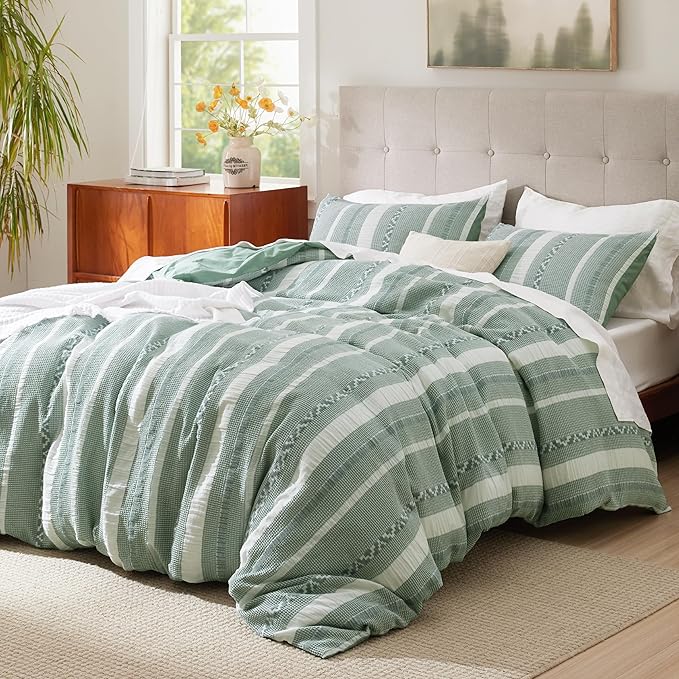 Bedsure Waffle Weave Duvet Cover Queen - 100% Cotton Boho Duvet Cover with 2 Pillowcases - Green Textured Comforter Cover with Zipper Closure (Queen, 90"x90")