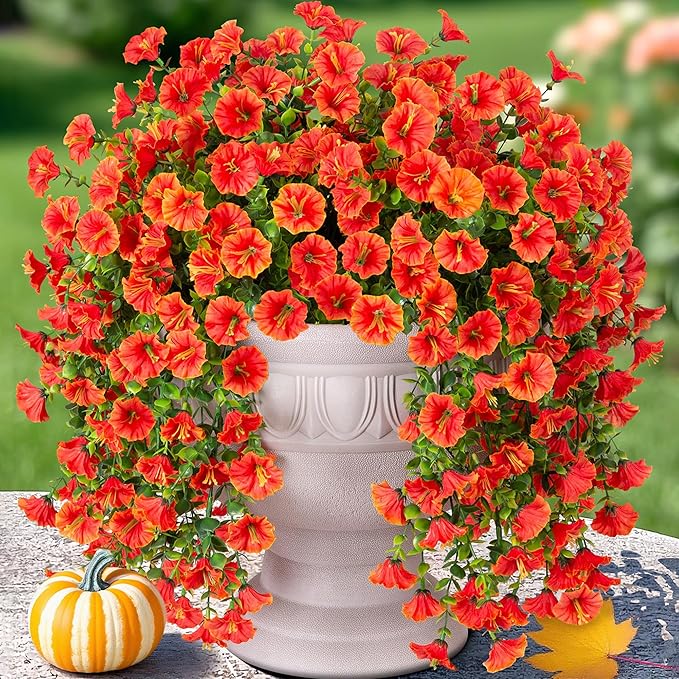 Artificial Faux Fall Hanging Flowers Plants for Outdoor Decor,2 PCS Fake Silk Morning Glory with Eucalyptus UV Resistant Realistic Mums for Wall Home Porch Patio Balcony Yard Indoor Decor, Orange