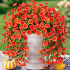 Artificial Faux Fall Hanging Flowers Plants for Outdoor Decor,2 PCS Fake Silk Morning Glory with Eucalyptus UV Resistant Realistic Mums for Wall Home Porch Patio Balcony Yard Indoor Decor, Orange