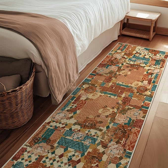 GENIMO Floral Runner Rug 2X6, Machine Washable Non Slip Vintage Patchwork Hallway Runner, Ultra-Thin Low Pile Runners for Indoor Entryway, Hallway, Kitchen and Corridor,Rose Red