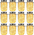 GIGALUMI Solar Mason Jar Lights, 12 Pack 30 Led String Fairy Lights Garden Lights Outdoor Waterproof Metal Lid Hanging Solar Lanterns for Outdoor, Garden, Patio, Lawn, Balcony Decoration