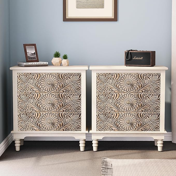 HOMPUS Nightstands Set of 2, White Nightstand with 3 Storage Drawers, Night Stand w Flower Pattern, Bedside Table Set of 2, Accent Table for Bedroom, Apartment, Light Grey Grain