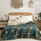 Boho Throw Blanket Full Size, Extra Large Soft Cozy Cotton Muslin Quilt Blanket for Bed Decor, Bird Patterned Couch Sofa Chair Cover, Vintage Farmhouse Cottage Woven Blanket, Green&Beige