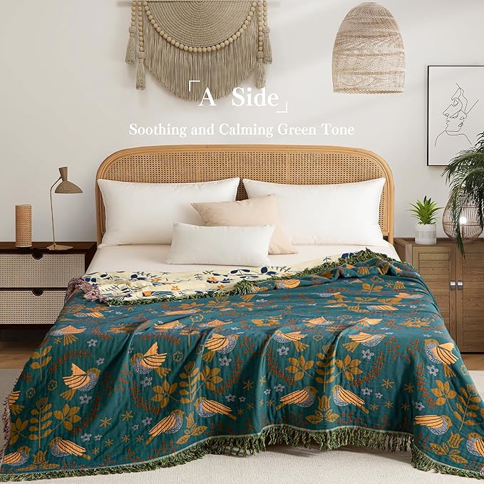 Boho Throw Blanket Queen Size, Oversized Soft Cozy Cotton Muslin Quilt Blanket for Bed Decor, Bird Patterned Couch Sofa Chair Cover, Vintage Farmhouse Cottage Woven Blanket, Green&Beige