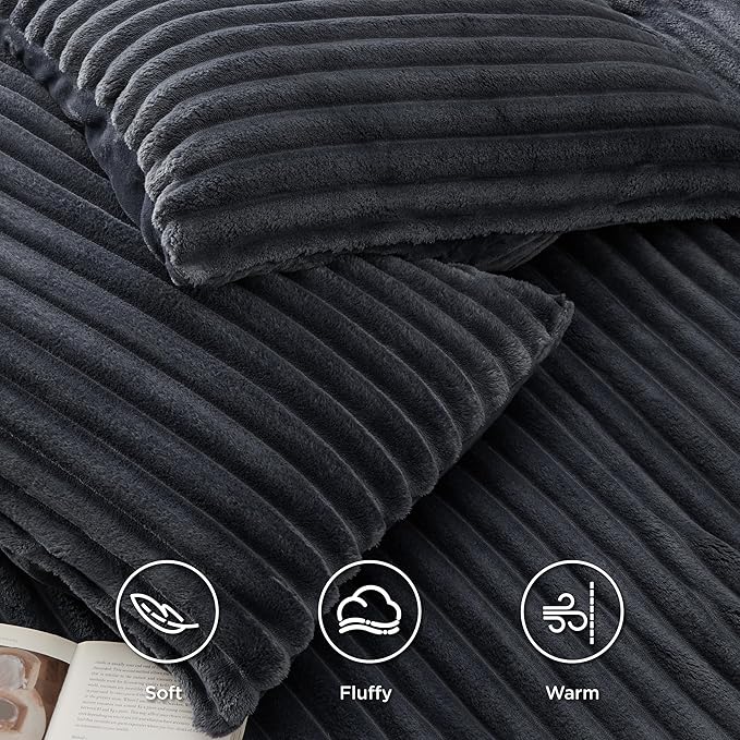 Bedsure Fluffy Duvet Cover Set - Ultra Soft Plush Shaggy Comforter Cover Queen Size, Warm Flannel Fleece Bed Sets for Winter, 3 Pieces (Striped Pattern, Dark Grey)