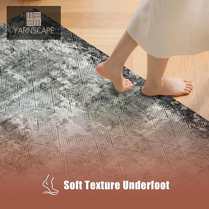 8' x 10' Washable Area Rug - Low Pile Soft Vintage Indoor Rug for Living, Dining or Bedroom - Lightweight Carpet with Non-Slip Backing - Foldable for Easy Placement, Blackish