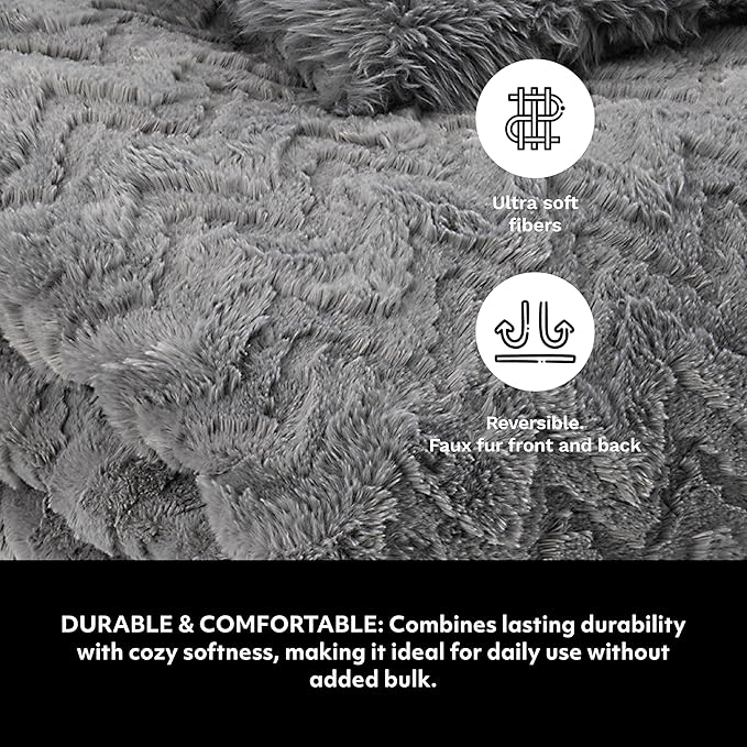 Mon Chateau Grey 3D Jacquard Faux Fur Throw, Plush Luxury Blanket for Couch, Sofa, or Bed, Soft Reversible Throw Blanket for Sleeping, Home & Room Décor, 60" x 70"