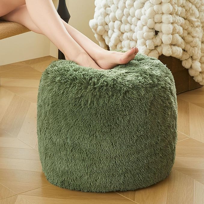 XeGe Fluffy Faux Fur Inflatable Pouf Ottoman, Cozy Portable Shaggy Fuzzy Foot Stool Moss, Plush Furry Foot Rest Floor Pouf, Round Ottoman Cushion for Living Room Bedroom Home Decor, Sage Green