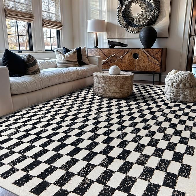 Rugshop Black and White Checkered Area Rug – High-Contrast Grid Pattern Carpet for Living Room, Bedroom, or Dorm – Trendy Contemporary Soft Floor Décor 5' x 7' Black