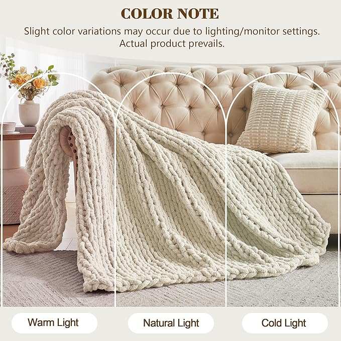 Carriediosa Chunky Knit Throw Blanket 50" X 60", 100% Hand Made Large Chenille Loop Yarn Soft Fluffy Throws for Couch Sofa Bed, Big Crochet Cozy Heavy Thick Cable Woven Blanket, Light Beige