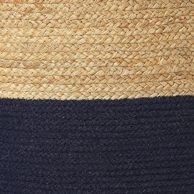 REDEARTH · Cylindrical Pouf Foot Stool Ottoman - Jute Braided Pouffe Poof Accent Sitting Footrest for Living Room, Bedroom, Nursery, Patio, Lounge & Other Rooms (Navy Natural, 18"x18"x14")