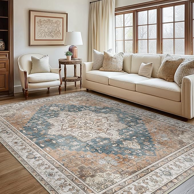 GENIMO 5x8 Area Rugs for Living Room, Machine Washable Low Pile Rugs, Chenille Non Alip Vintage Rug for Bedroom, Dining Room, Home Office, Blue Brown