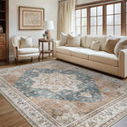 GENIMO 8x10 Area Rugs for Living Room, Machine Washable Non Slip Vintage Retro Rugs, Low Pile Lightweight Chenille Print Rug for Bedroom, Dining Room, Home Office, Blue Brown