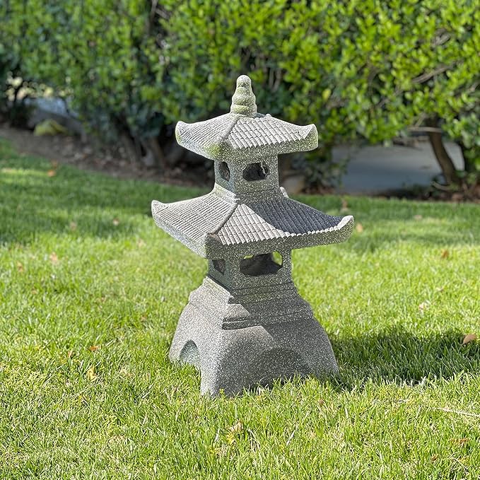 Galt International 2 Tier Pagoda Garden Statue LED Solar Powered Light 26" Tall Outdoor Zen Garden Lantern Landscape Lawn Asian Pagoda Stupa Decor Grey Resin