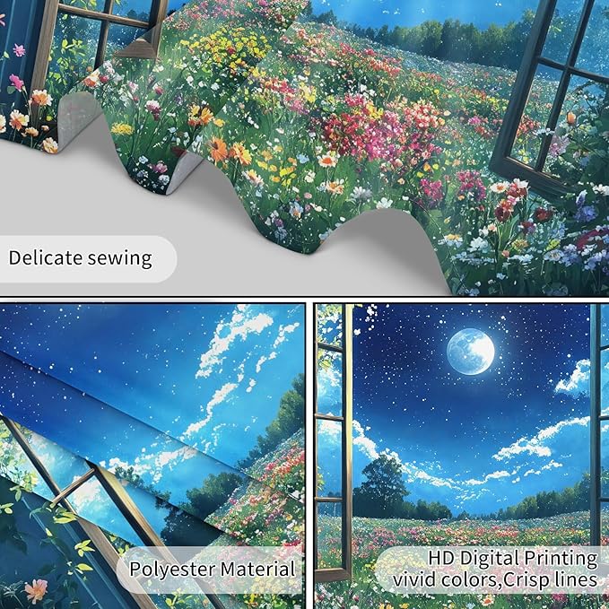 LB Wildflower Moon Tapestry, Window Forest Plant Green Leaf and Garden Colorful Floral Wall Tapestry for Bedroom, Night Sky Wall Art for Living Room Dorm Home Decor Ready to Hanging, 48 x 36 Inches