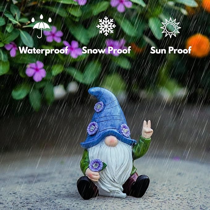 Peace Gnome Decorations for Yard/Lawn – Weatherproof Garden Statue – Fun Spring Summer Charming Gnomes Gifts for Women (Blue Peace Gnome)