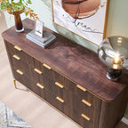 T4TREAM Fluted 7 Drawers Dresser for Bedroom, 54" Wide Modern Dresser TV Stand, Gold Accents, Fluted Fronts, Wood Storage Dressers Organizer for Bedroom, Living Room, Dark Walnut