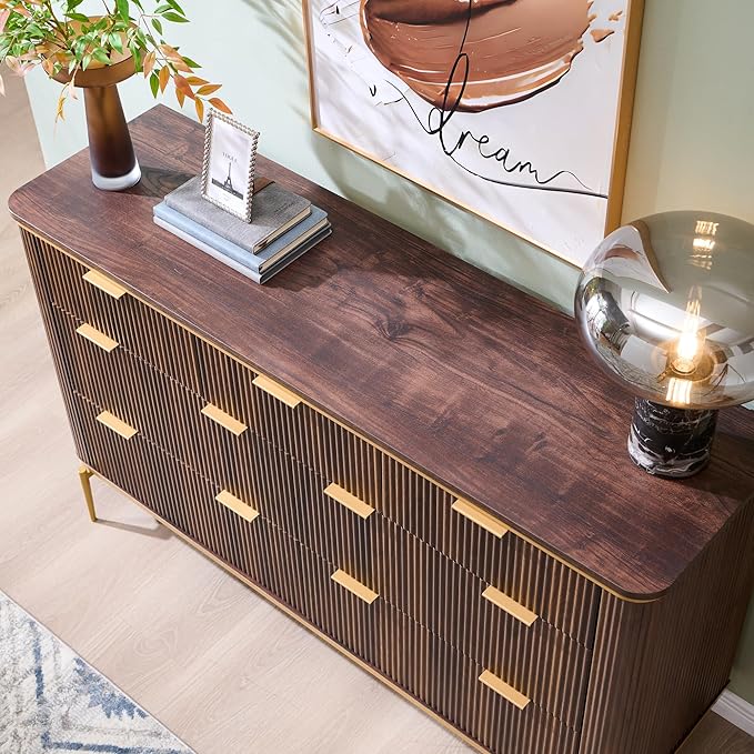 T4TREAM Fluted 7 Drawers Dresser for Bedroom, 54" Wide Modern Dresser TV Stand, Gold Accents, Fluted Fronts, Wood Storage Dressers Organizer for Bedroom, Living Room, Dark Walnut