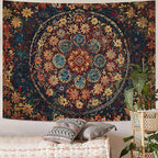 Fowocu Boho Floral Mandala Tapestry Wall Hanging Vintage Bohemian Flower Medallion Tapestry Aesthetic Orange Stained Glass Hippie Extra Large Tapestries for Bedroom Living Room Dorm Decor 90 x 68 Inch
