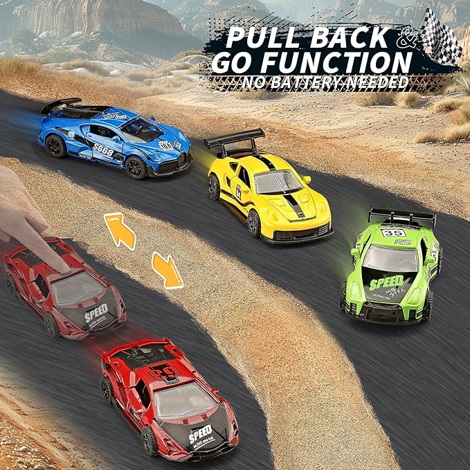 KIDAMI Pull Back Cars for Kids, Die Cast Metal Toy Cars Playset with Door Openable, Vehicles Race Toys for Toddlers, Boys, Girls’ Educational Play (4 Pack)