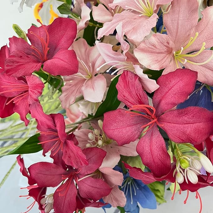 10-Bud Artificial Lily Flowers, 4 Pcs Fake Outdoor Flowers, UV Resistant Faux Flowers for Outdoor Planters, Silk Flowers for Wedding Decoration (Mixed)