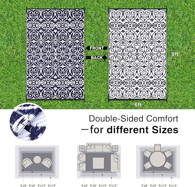 OLANLY Outdoor Rug Waterproof 6x9 ft Clearance, Reversible Outdoor Plastic Straw Rug with Floral Pattern, RV Mat for Patio, Camping, Balcony, Deck, Backyard, Navy & White