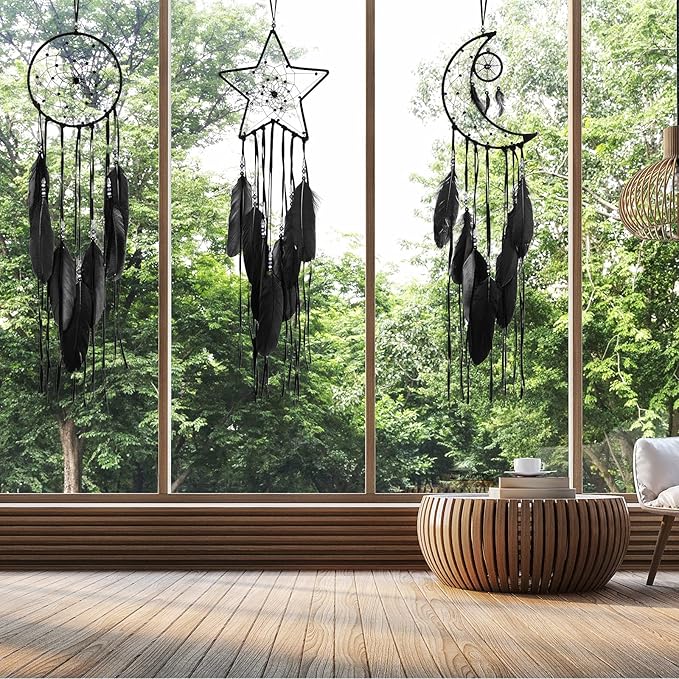 Jetec 3 Pcs Dream Catcher Moon Sun Star Design Handmade Traditional Craft Ornament Wall Hanging Home Decoration Bedroom Wedding Halloween Christmas Decorations(Black)