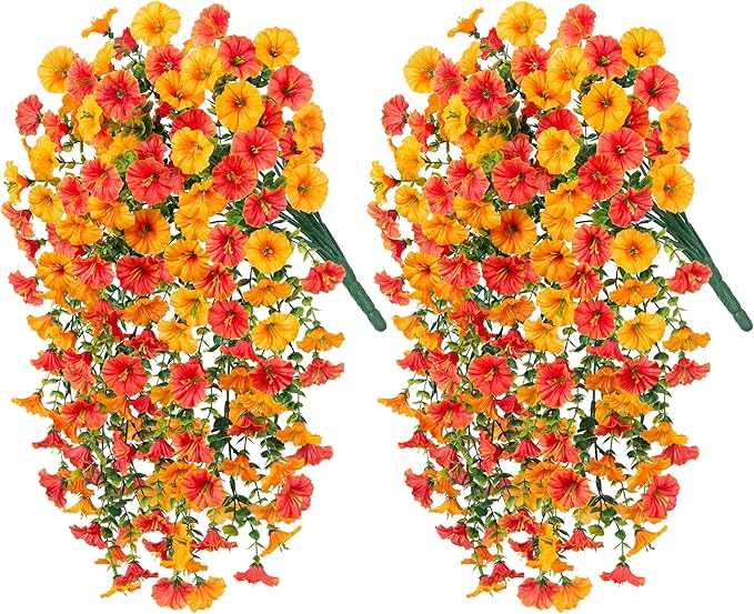 Artificial Faux Fall Hanging Flowers Plants for Outdoor Decor,2 PCS Fake Silk Morning Glory with Eucalyptus UV Resistant Realistic Vine for Wall Home Porch Patio Balcony Yard Decor,Yellow and Orange