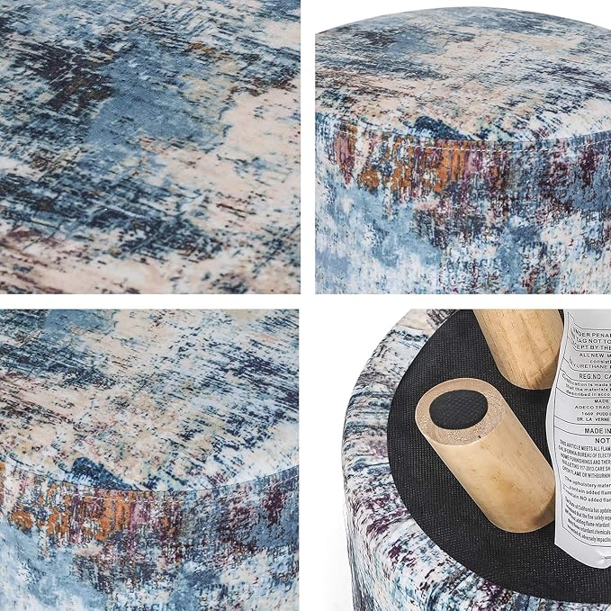 Asense Small Round Ottoman Foot Rest Stool Linen Padded Seat Footstool Ottoman with Anti-Slip Wooden Legs (Assorted Blue,Linen)