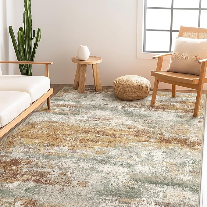 Area Rugs 9x12 for Living Room Bedroom, Modern Abstract Machine Washable Rug, Large Soft Low Pile Floor Cover with Non Slip Backing for Dining Room, Orange Green