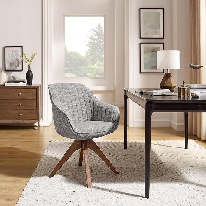 Art Leon Desk Chair - Mid Century Modern Office Chair No Wheels, Swivel Accent Chair with Oak Wood Legs, Fabric Upholstered Arm Chair, Gray