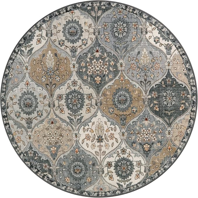 Lahome Moroccan Trellis Washable Round Rugs, Non-Slip Soft Round Rug 4ft Ultra-Thin, Small Vintage Circle Carpet for Entryway Kitchen Bedroom Nursery Bathroom, Grey