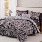 King Comforter Set -7 Pieces Floral Dark Purple Comforter Set for All Seasons, Bed in a Bag King with Botanical Flowers Comforter, Sheets, Pillowcases & Shams