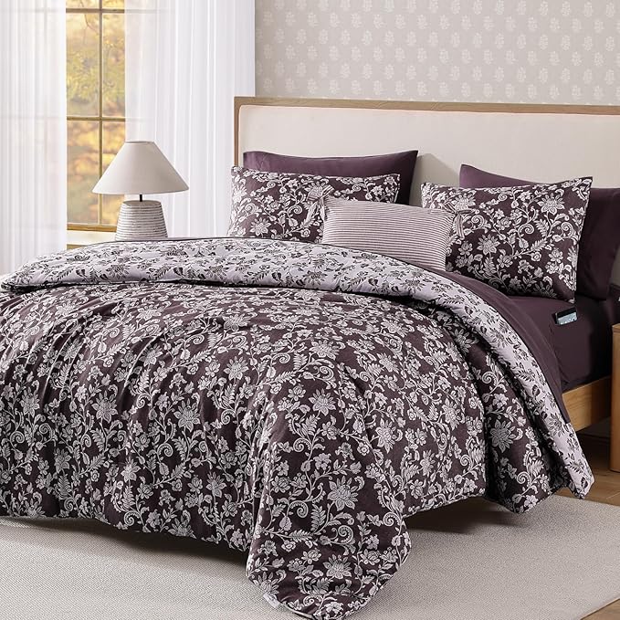 Queen Comforter Set -7 Pieces Floral Dark Purple Comforter Set for All Seasons, Bed in a Bag Queen with Botanical Flowers Comforter, Sheets, Pillowcases & Shams