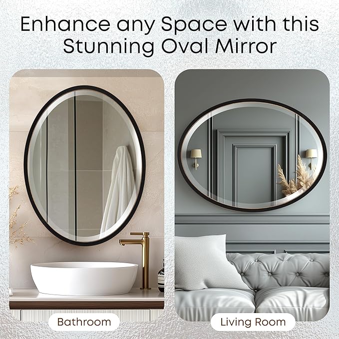 OVALCREST - Oval Wooden Beveled Wall Mirror for Home Decor, Bathroom, Vanity, Bedroom, Living Room, Hallway - London Style (Rubbed Black) 23.1 x 29.1