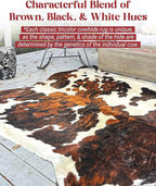 Tricolor Cowhide Rug Classic Brown, Black and White Color Mix, Natural Leather Hide, Area Rug (6x7ft)